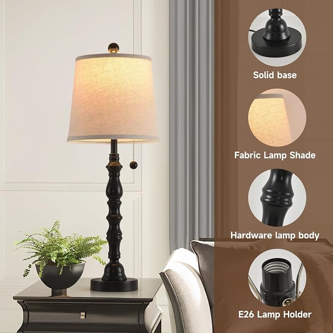 Lamps Set of 2 Modern Farmhouse Table Lamp Bedside Reading Lamps Living Room End Tables Set Lamps for Night Stands Bedroom Night Lamp,High 26.25 Inch, (Black (Single Pack), High 27 inches)