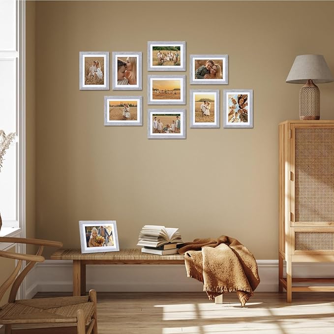 Lyeasw 5x7 Picture Frame 15 Pack, Display Pictures 5x7 with Mat or 6x8 without Mat, Grey Bulk Photo Frames for Wall or Tabletop