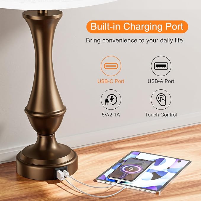 Seealle Upgraded Touch Lamps for Night Stands Set of 2 - Bedside Lamps with USB C+A, 3 Way Dimmable for Bedroom Living Room End Tables Office (White&Brown)