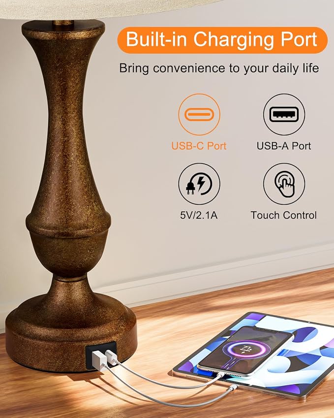 Seealle Upgraded Touch Lamps for Night Stands Set of 2 - Bedside Lamps with USB C+A, 3 Way Dimmable for Bedroom Living Room End Tables Office (Brown&Oat)