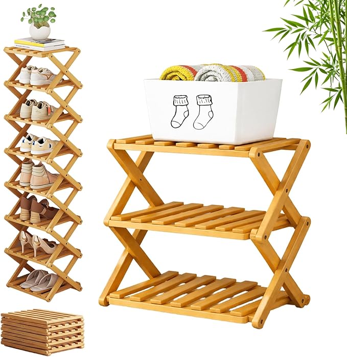 The 9-Tier No-Assembly Bamboo Rack, 3-9 Tiers Bamboo Shoe Rack, Foldable Bamboo Vertical Shoe Organizer, Multifunctional & Space-Saving, For Entryway, Closet, Corner, Bedroom, Hallway (Wood, 3Tiers)