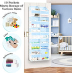 Blue Over the Door Organizer 5 Tiers, Extra Large Behind Door Storage of 10 Compartments, 80 lbs Weight Capacity Hanging Storage Organizer with Clear Window Kids Toys, Shoes, Diapers, Room storage