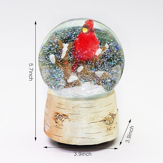 Musical Christmas Snow Globe with Cardinal Water Spinning Wind-Up Music Box Hand-Painted Birch Tree Design Holiday Tabletop Decoration by Moments in Time (5.7”H)