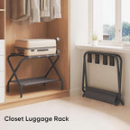 Luggage Rack for Guest Room, Folding Suitcase Stand with Shoe Shelf, Steel Portable Luggage Stand Bedroom, Hotel, Easy Assembly, Hold up to 110 lb, Black