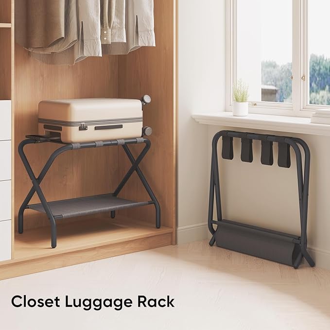 Luggage Rack for Guest Room, Folding Suitcase Stand with Shoe Shelf, Steel Portable Luggage Stand Bedroom, Hotel, Easy Assembly, Hold up to 110 lb, Black