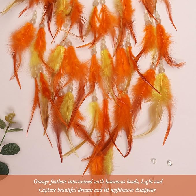 Pretty Jolly Orange Tree of Life Dream Catcher Wall Decor with Luminous Beads Handmade Crystal Stones Dreamcatchers Wall Hanging with Small Butterfly Pendant for Bedroom Wedding Party Wish Gift
