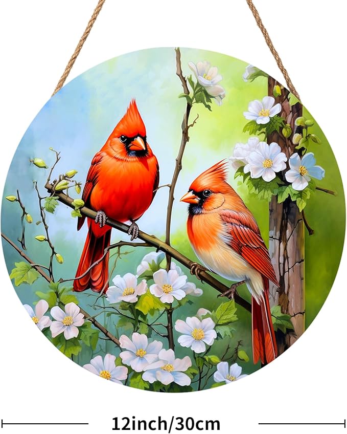 Harooni Spring Summer Cardinal Welcome Door Sign for Front Door Decor,Spring Pink Floral Round Wood Hanger Wreath for Outside Farmhouse Wooden Wreath for Porch Wall Hanging Sign Plaque Decor 12"x12"