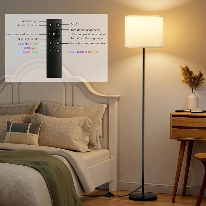 Ambimall Floor Lamp for Living Room with Smart Light Bulb, RGB + Stepless Dimmable Colors Temperature & Brightness(White Shade & Black Pole)
