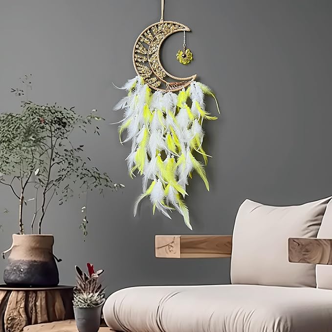 Moon Dream Catchers with Chakra Gemstone Agate Stone, Wealth Luck Crystal Tree Life Dream Catchers Wall Hangings Room Decor(Yellow)