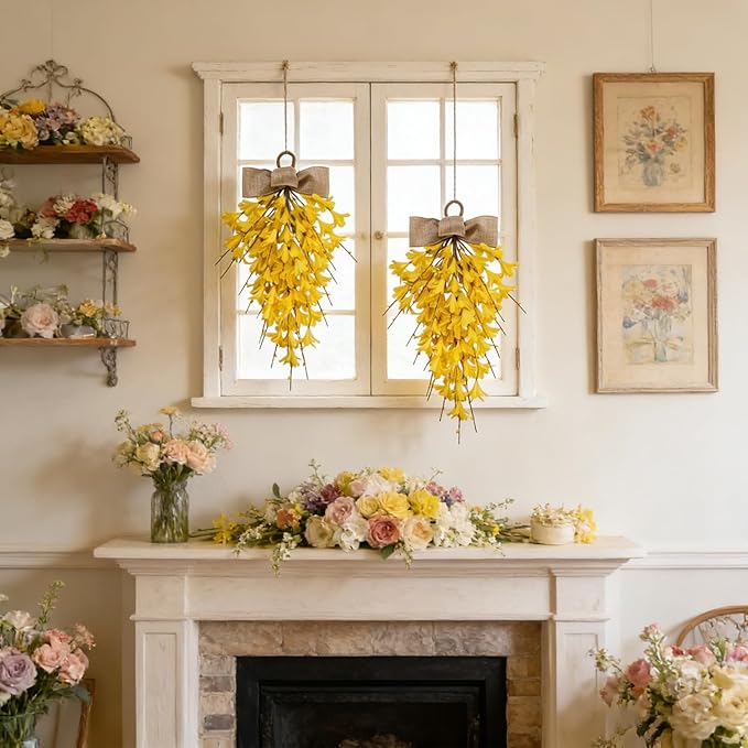 Forsythia Teardrop Swag 18 Inch, 2Pcs Artificial Spring Summer Floral Swags, Flower Hanging Swag for Window Wall Wedding Party Home Decor (Yellow)
