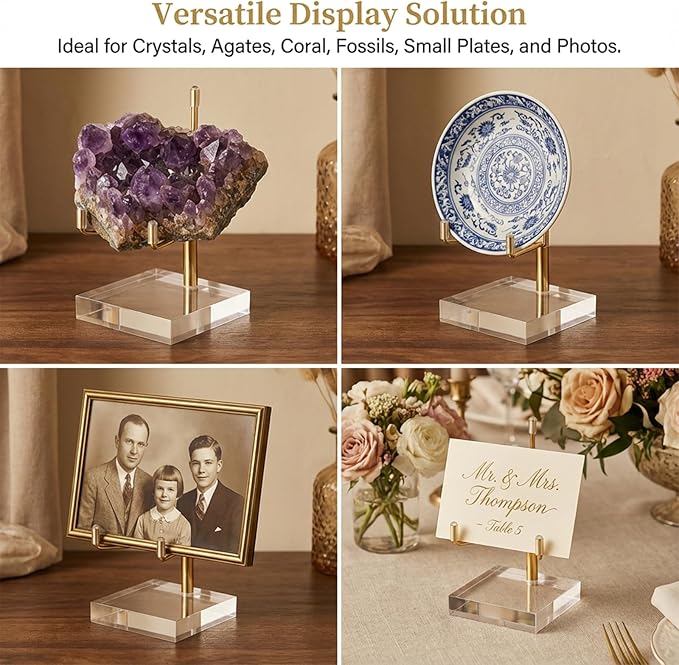 12 Pcs Crystal Display Stand, 2 x 2 x 3.5 Inch Gold Rock Crystal Stand with Acrylic Base Adjustable Metal Arm Display Stands for Mineral, Agate, Geode, Picture