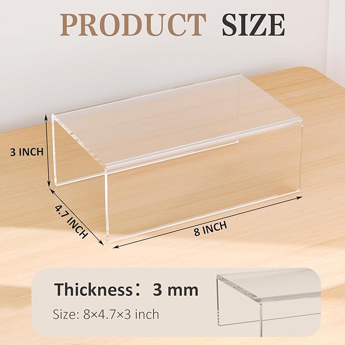 Sezanrpt Acrylic Shelf Riser 8x4.7x3 pack of 2, Desktop Rectangular Acrylic Tray Pedestal Stand for Funko Pop Figure, Bags, 8x4.7x3 Inch