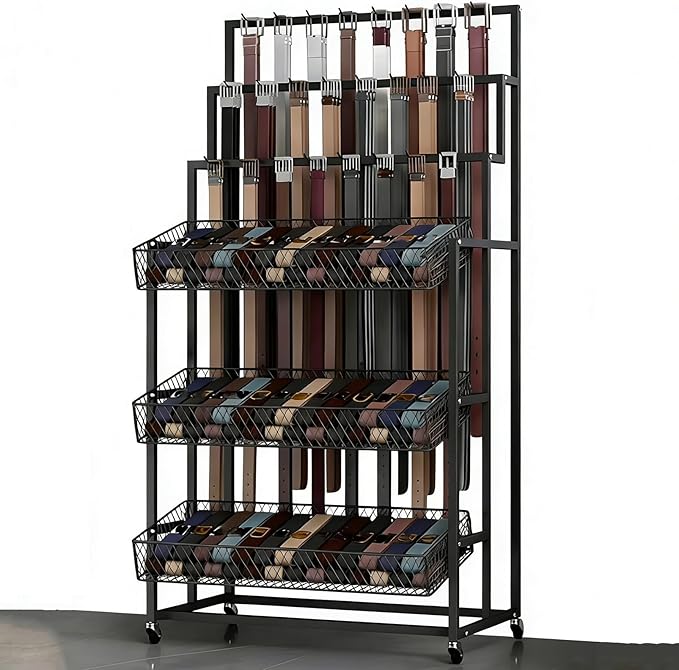 Heavy Duty Belt Display Stand, Metal Belt Rack with 360° Rolling Wheels, Multi-Functional Accessory Display for Belts/Scarves/Wallets, Retail Belt Organizer for Store/Closet/Boutique
