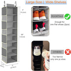 2 Pack Large-Sized Hanging Shoe Organizer 8-Shelf, Hanging Closet Organizer with 8 Side Pockets, Wider Hanging Shelves for Storage Shoes Clothes 9" W × 11.8" D× 48" H, Grey.