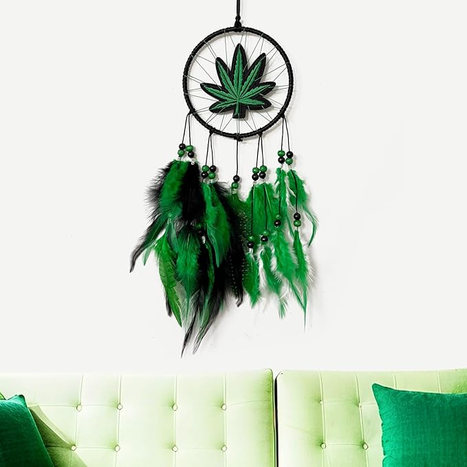 Dream Catchers, Green Leaf Weed Dreamcatcher Wall Hanging Ornament for Bedroom Living Room Apartment Wedding Party Decor, Festival Blessing Gift (Leaf-S)