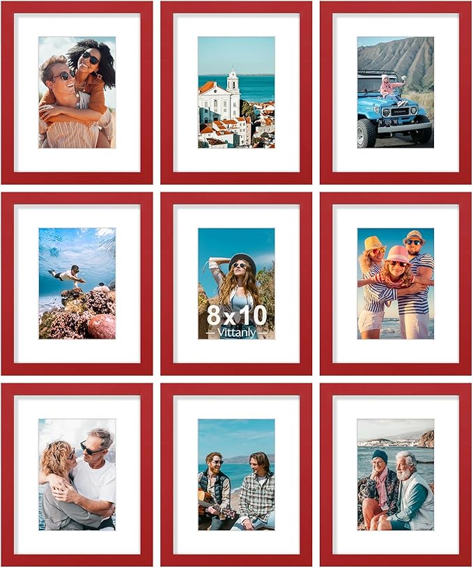 Vittanly 8x10 Picture Frames Set of 9, Shatter Resistant Plexiglass, Display 5x7 Pictures with Mat or 8x10 without Mat, Photo Frames for Wall or Tabletop, Engineered Wood, Red