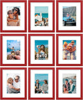 Vittanly 8x10 Picture Frames Set of 9, Shatter Resistant Plexiglass, Display 5x7 Pictures with Mat or 8x10 without Mat, Photo Frames for Wall or Tabletop, Engineered Wood, Red