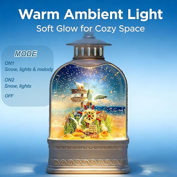 Nautical Theme Snow Globe Lantern with Music - USB or Battery Powered Light Up Water Lantern with Seagull - Swirling Glitter Water Globe for Summer Costal Ocean Decor - Gift for Ocean Lover (Seagull)