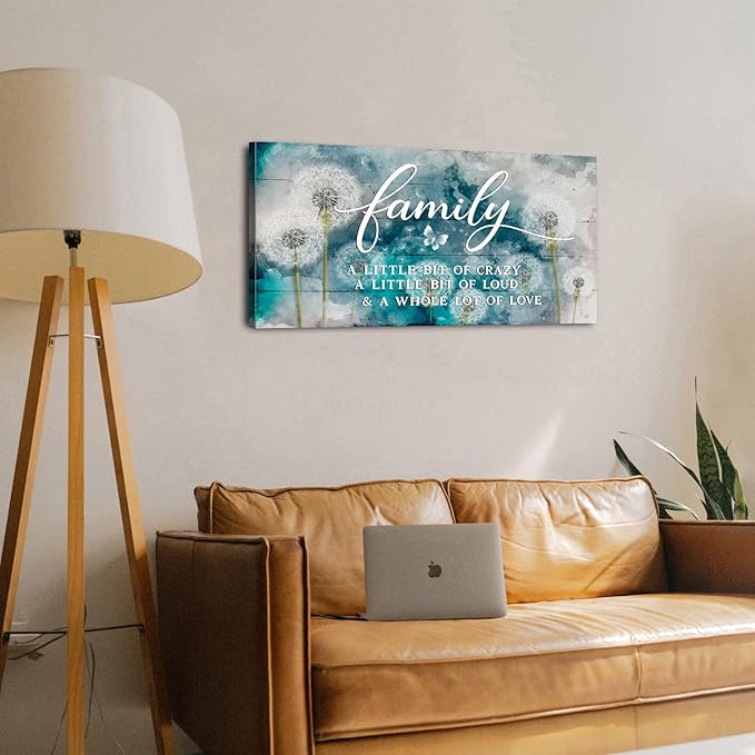Family Wall Decor Teal Kitchen Wall Art Farmhouse Inspirational Quotes Canvas Prints A Little Bit of Crazy Loud Love Large Dandelion Family Signs for Home Decor Wall Living Dining Room Bedroom 20x40"