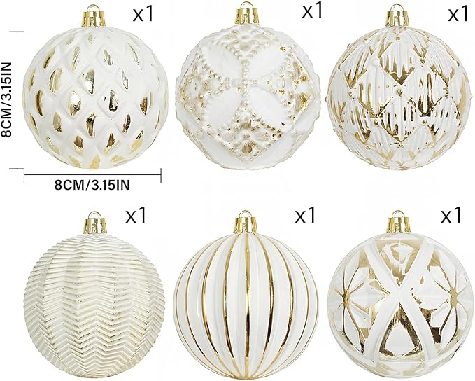 XmasExp Vintage Rustic Christmas Ball Ornaments Sets, Neutral Shatterproof Christmas Ornaments Farmhouse Christmas Tree Decorations Large Hanging Ball for Xmas Home Party （White Gold, 6Pcs