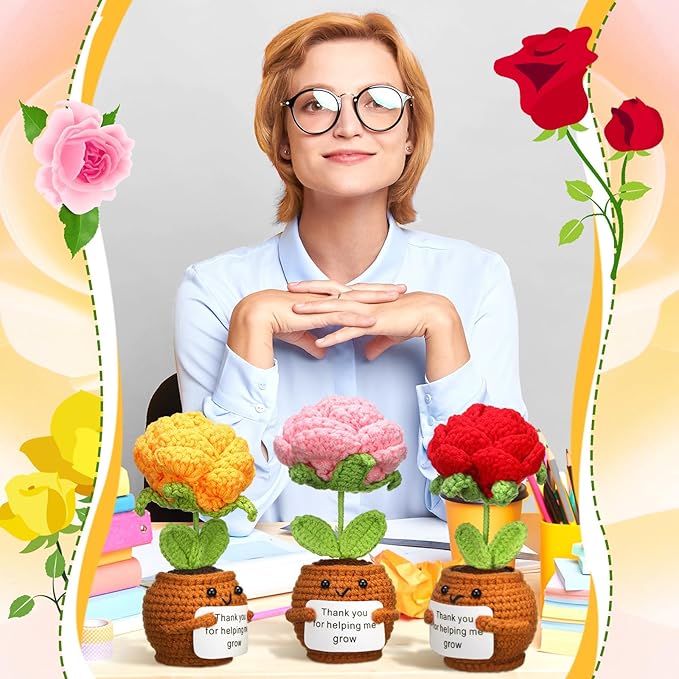 Wavwavw 3 Pack Teacher Appreciation Gift Positive Flower Handmade Crochet Doll Thank You for Helping Me Grow Gifts Back to School Gifts for Women Teacher(Rose Flower)