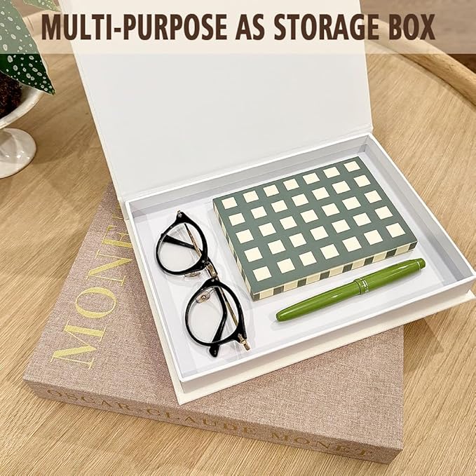 Decorative Books for Home Decor, Coffee Table Decor with Linen White Books Stack Bookshelf, Fake Book Double as Libros Decorativos and Photo Storage (2 Piece Set with Tray)