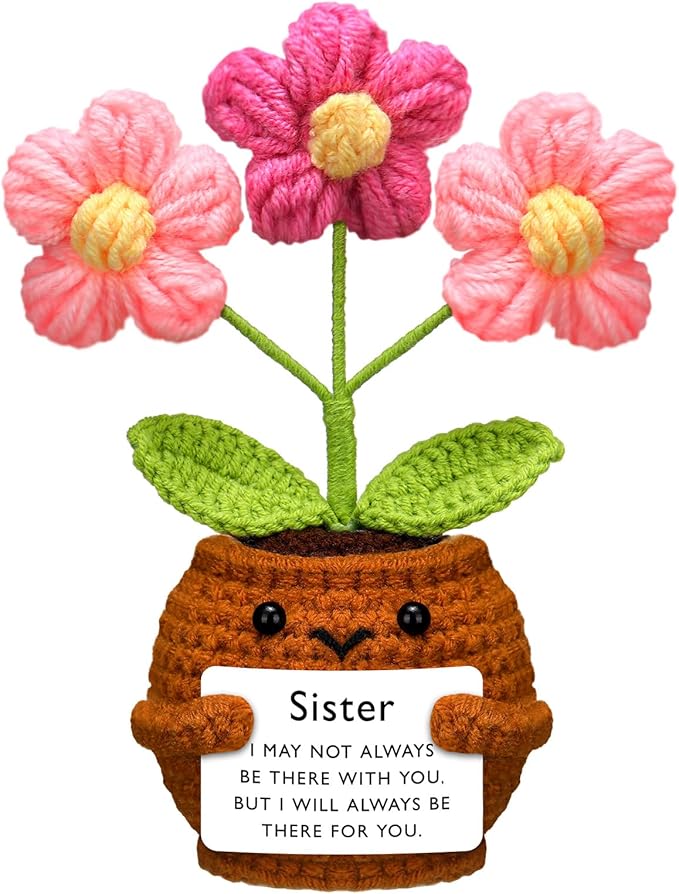 Wavwavw Sister Gifts Handmade Crochet Doll with Card Crochet Present for Sisters Sis Big Little Sister Birthday Wedding Home Decor(Pink Flowers)