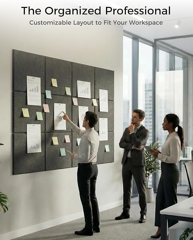Aothia Felt Bulletin Board Tiles for Wall, 12 Pack Large 48" x 36", Felt Wall Tiles Cork Board Alternative, Adhesive Bulletin Board Tiles for Office, Classroom & Home, Charcoal Gray