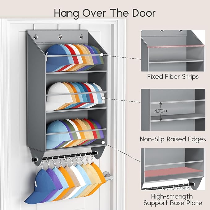 Over the Door Hat Rack - 3-Layer Design Hat Organizer Holds 30-36 Hats with 10 Hooks, Ideal Hat Rack for Door, Over the Door Organizer for Closet, Apartment, Bedroom, Dorm, 2 Pack, Grey