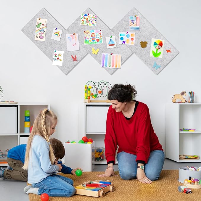 6 Pack Cork Board Felt Bulletin Board with 60 Push Pins, 1/2" Thick Pinboard Square Tiles for Wall Organizer - Home Office Classroom Decor, Photo Display, Memo Board (11.8"x11.8"- Light Grey)