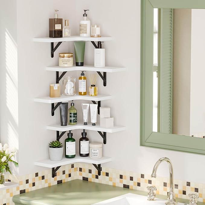 Fixwal Floating Shelves for Wall Set of 5, Rustic Wood Wall Mounted Corner Shelf for Bathroom, Kitchen, Bedroom, Home Decor, Laundry Room, Living Room (White)
