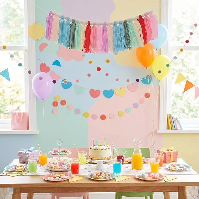 Avxdbr 2Pcs Boho Rainbow Tassel Garland Pom Pom Tassel Banner Colorful Wall Hanging Party Decorative Boho Classroom Decor for Back to School Wedding Birthday Baby Shower