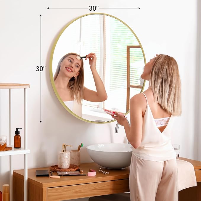 DUMOS Gold Circle Mirror for Wall 30.02 inch, Bathroom Round Wall Mirror for Over Sink, Bathroom, Entryway, Bedroom, Vanity, Shatterproof& Crystal-Clear