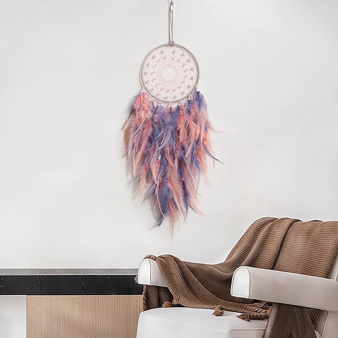Dream Catcher Wall Decor, Handmade Dreamcathers Indians Traditional Circular Net for Wall Hanging Decor, Bedroom Kids, Home Decoration Wedding Party Blessing Gift, Pink Grey