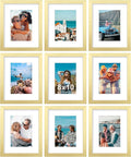Vittanly 8x10 Picture Frames Set of 9, Shatter Resistant Plexiglass, Display 5x7 Pictures with Mat or 8x10 without Mat, Photo Frames for Wall or Tabletop, Engineered Wood, Gold