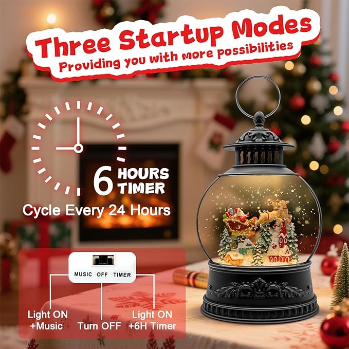 Christmas Snow Globes, Light Up Snow Globe with 6H Music Timer, Auto Snowfall, USB or Battery Powered, Christmas Globe with Santa Snow Globe Scene, Indoor Christmas Decorations for Home, 11.4 Inch