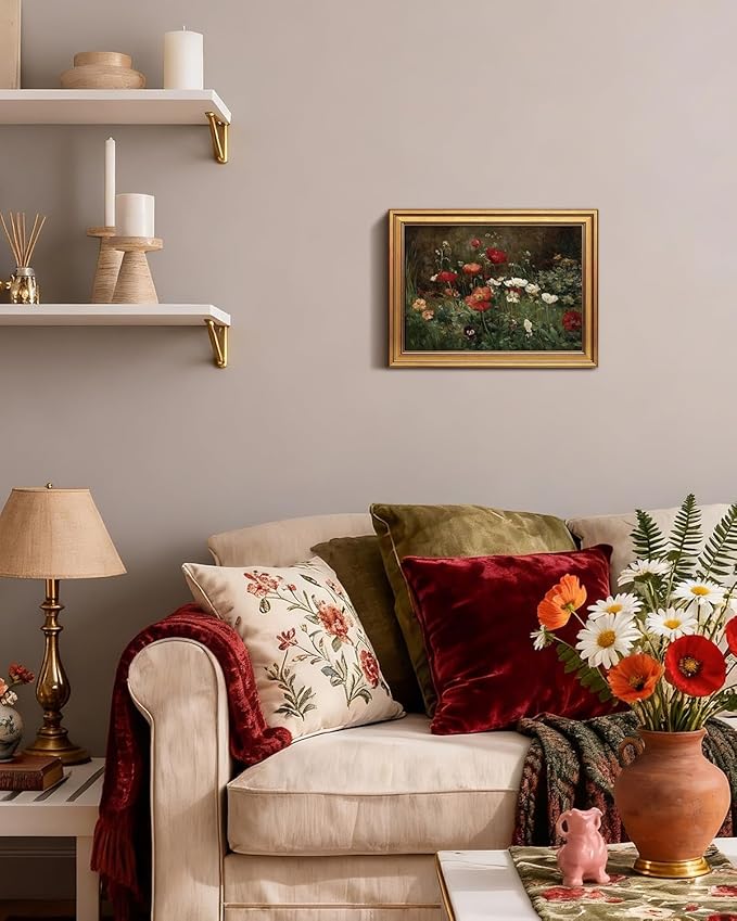 VIYYIEA Vintage Gold Framed Wall Art for Living Room, Flowers Canvas Prints Home Decor, Oil Painting Picture, Bedroom Wall Decor Gifts for Friends or Family -【Poppies】-(16L x 12W)