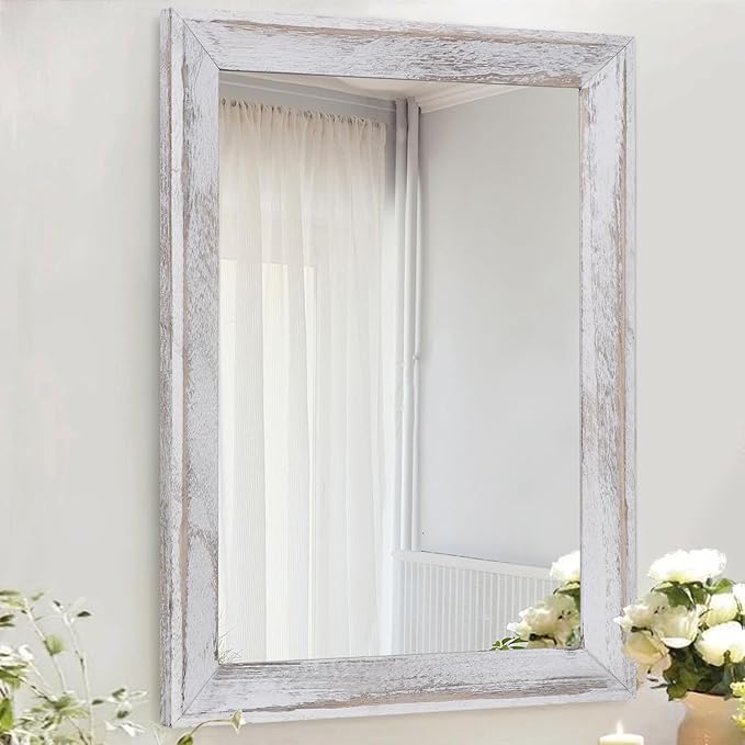 AAZZKANG Mirrors for Wall Rustic Wood Framed Hanging Mirror 26"x18" Decorative for Farmhouse Bedroom Bathroom Living Room Entryway Hallway White