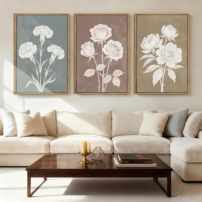 BINCUE Extra Large Neutral Botanical Wall Art Floral Painting Flower Print Flower Artwork Floral Wall Decor Flowers Wall Pictures for Living Room Bedroom Bathroom Dining Room Farmhouse 24x36 Inches 3 Piece Gift