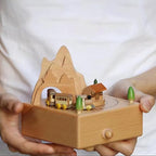 Natural Solid Wood Handcrafted Beech Wooden, Musical FigureTotoro/Carousel/Fairy/Ballerina Figurine,Rotating Hand Crank Mechanism Music Box,Musical Decorations (Mountain and Train)