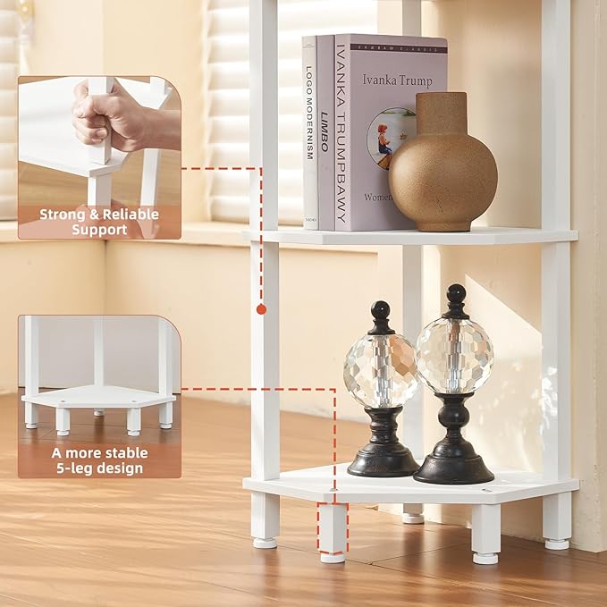 YUFAM 3-Tier Corner Shelf with Sturdy 5-Leg Base, Wooden Corner Bookshelf for Small Spaces, Small Corner Table for Living Room, Bedroom, Office, White
