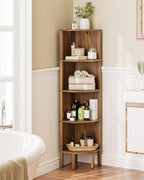 Corner Shelf, 5 Tier Corner Bookshelf, Display Corner Shelf Stand with Storage Rack, Wall Corner Bookshelf for Living Room, Bedroom, Office, Walnut