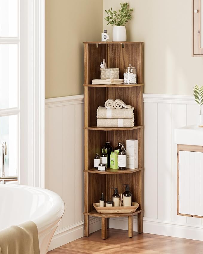 Corner Shelf, 5 Tier Corner Bookshelf, Display Corner Shelf Stand with Storage Rack, Wall Corner Bookshelf for Living Room, Bedroom, Office, Walnut