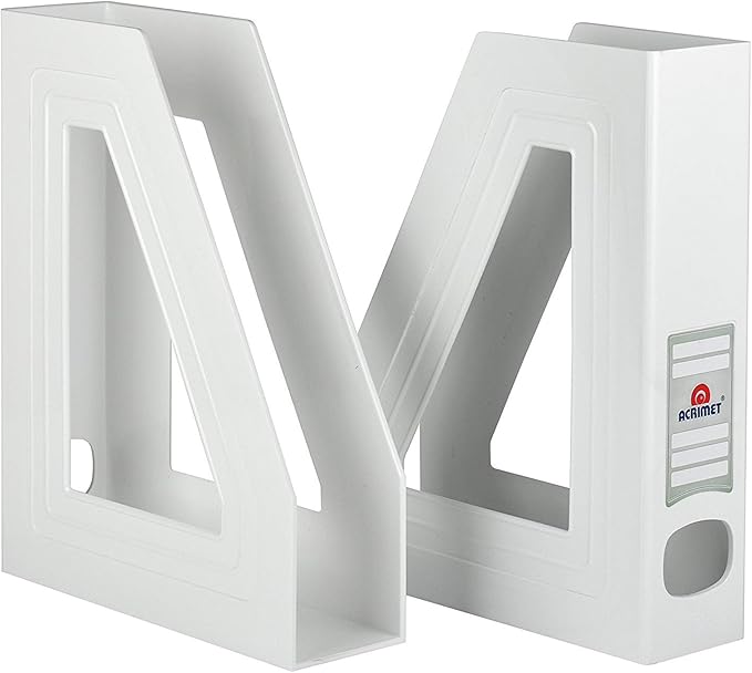 Acrimet Magazine File Holder Bin Storage, Vertical Rack for Documents, Folders and Mail, Durable Plastic Desk Organizer for Office & Home (White Color) (2 Pack)