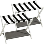 2 Pack Bamboo Luggage Rack for Guest Room, 26.77" Folding Wide Suitcase Stand with Fabric Storage Shelf, Thickened Luggage Stand Holder for Bedroom Hotel, Luggage Rack for Suitcases (2 Pack - White)