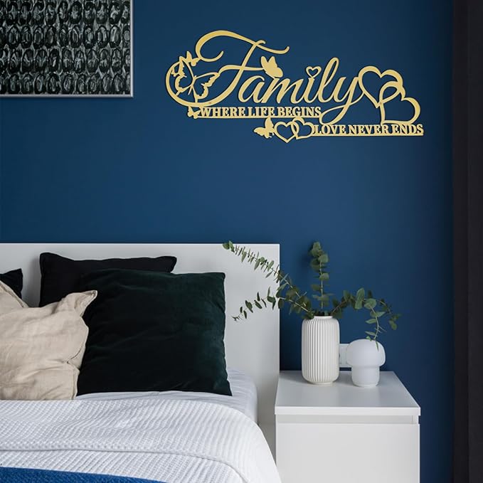Family Metal Word Sign Wall Art Decor, Where Life Begins Love Never Ends Heart Butterflies Wall Hanging Sculpture, Golden Iron Letters Quotes Home Decor for Living Room Kitchen (Golden)