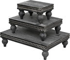 Swallowliving 3 Pcs Set Farmhouse Wood Risers for Display Decorative, Rustic Shabby Chic Tiered Tray for Kitchen Counter, Coffee Bar Table, Dining Room, Wooden Rectangle Beaded Pedestal Stand for Food, Black