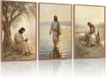 KAlRNE Vintage Christian Framed Canvas Wall Art Set of 3(24”X36”),Jesus Bible Story Wall Decor,Spiritual Religious God Painting,Neutral Inspirational Beige Art Prints For Living Room Bedroom Church