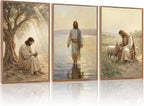 KAlRNE Vintage Christian Framed Canvas Wall Art Set of 3(16”X24”),Jesus Bible Story Wall Decor,Spiritual Religious God Painting,Neutral Inspirational Beige Art Prints For Living Room Bedroom Church