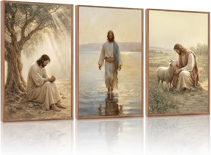 KAlRNE Vintage Christian Framed Canvas Wall Art Set of 3(16”X24”),Jesus Bible Story Wall Decor,Spiritual Religious God Painting,Neutral Inspirational Beige Art Prints For Living Room Bedroom Church